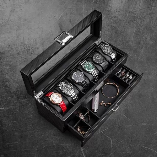 6 Slot Watch Box Organizer w/ Glass Lid & Drawer - photo 2