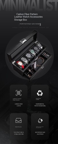 6 Slot Watch Box Organizer w/ Glass Lid & Drawer - photo 4