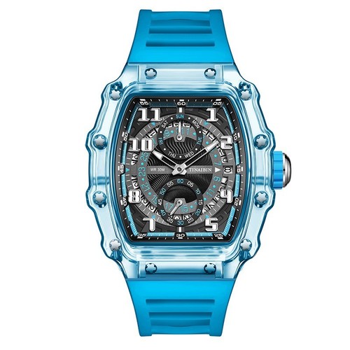 Luxury Skeleton Dial Tonneau Watch Men’s Sport Rubber Strap