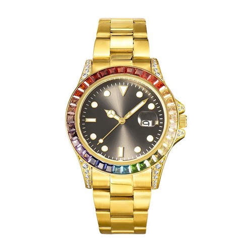 Luxury Rainbow Crystal Bezel Quartz Watch Gold Tone