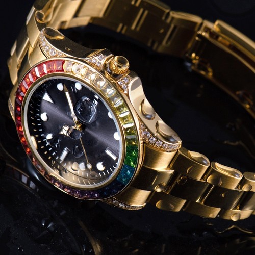 Luxury Rainbow Crystal Bezel Quartz Watch Gold Tone - photo 5