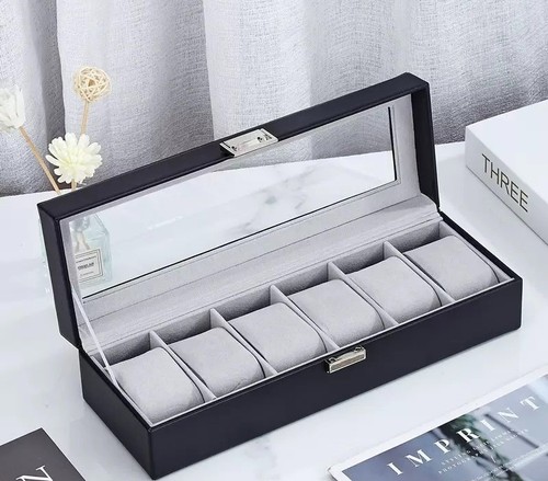 Luxury 6-Slot Watch Display Box – Black Leather Organizer