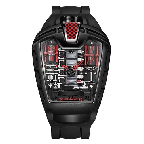 Men’s Racing Style Skeleton Quartz Watch Tonneau Case Sport - photo 3