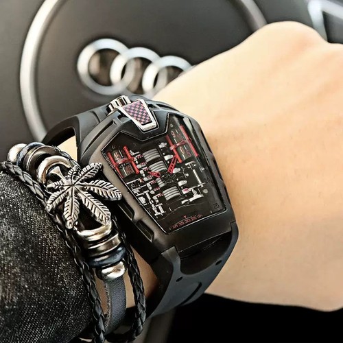 Men’s Racing Style Skeleton Quartz Watch Tonneau Case Sport - photo 4