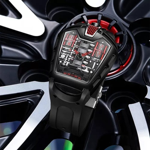 Men’s Racing Style Skeleton Quartz Watch Tonneau Case Sport - photo 5