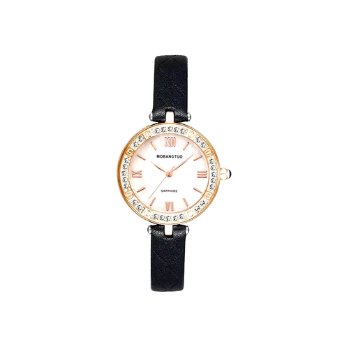 Women's Black Leather-Band Quartz Watch with Rhinestone Bezel