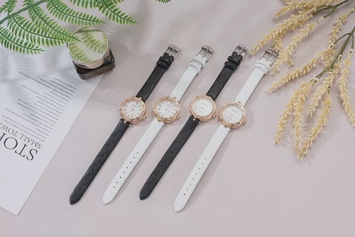 Women's Black Leather-Band Quartz Watch with Rhinestone Bezel - photo 2