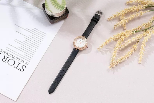 Women's Black Leather-Band Quartz Watch with Rhinestone Bezel - photo 3