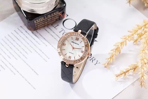 Women's Black Leather-Band Quartz Watch with Rhinestone Bezel - photo 4