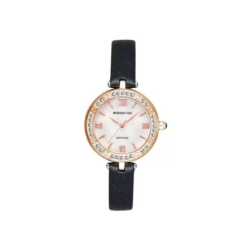 Women's Black Leather-Band Quartz Watch with Rhinestone Bezel - photo 5