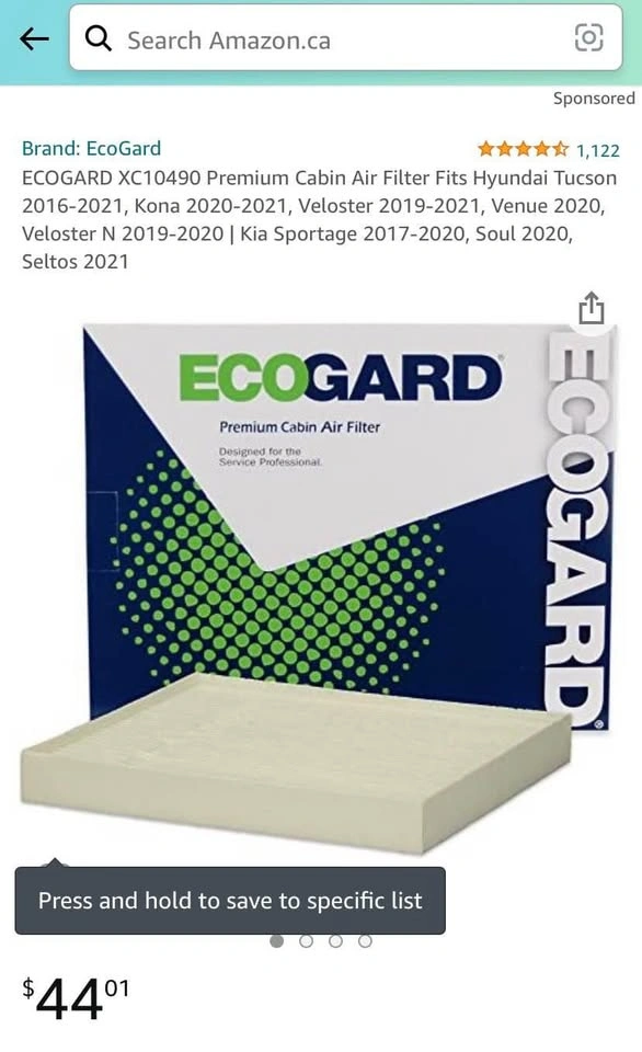 EcoGard Cabin Air Filter (Hyundai, Kia) - photo 2
