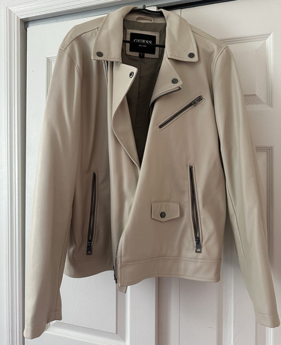 GUESS Beige Biker Jacket Unisex L Zip Closure Lined Pockets