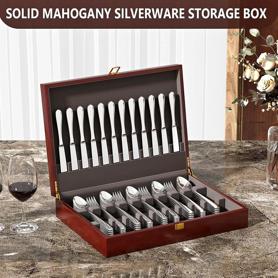Mahogany Wood Silverware Storage Box for 12–16 Settings