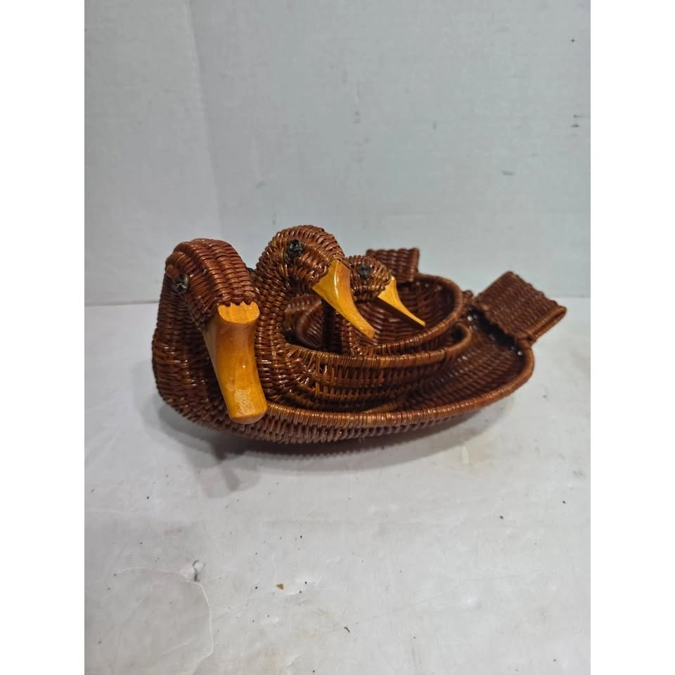 Lot Of 3 Vintage DUCK SHAPED RATTAN WICKER BASKET With Wooden Be