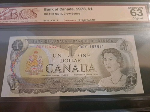 1973 Bank Of Canada $1, 3 Digit Radar Note, BCS 63