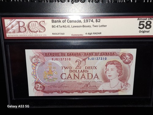 1974 Bank Of Canada $2 Four Digit Radar Note, BCS Graded AU