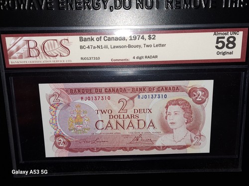 1974 Bank Of Canada $2 Four Digit Radar Note, BCS Graded AU - photo 2