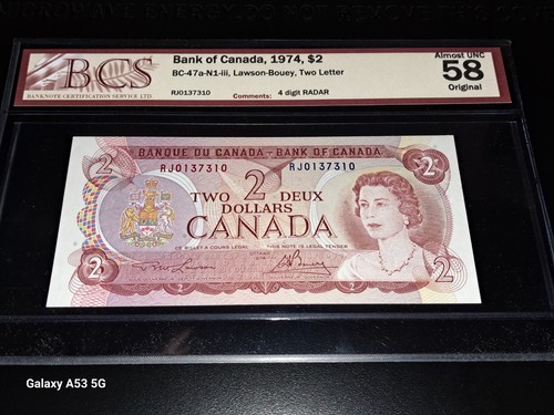 1974 Bank Of Canada $2 Four Digit Radar Note, BCS Graded AU - photo 3