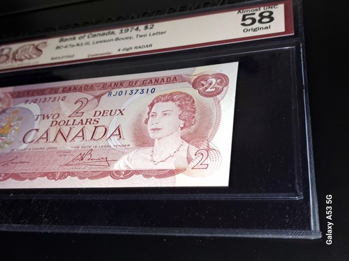 1974 Bank Of Canada $2 Four Digit Radar Note, BCS Graded AU - photo 4