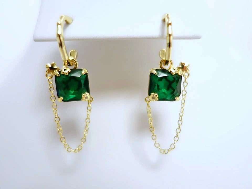 New Faux Emerald Gold Plated Stainless Steel Earrings