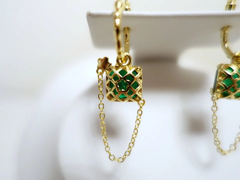 New Faux Emerald Gold Plated Stainless Steel Earrings - photo 5