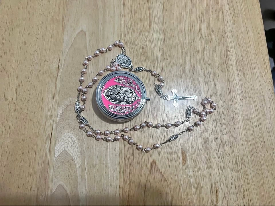Pink Pearl Rosary with Virgin of Guadalupe Case
