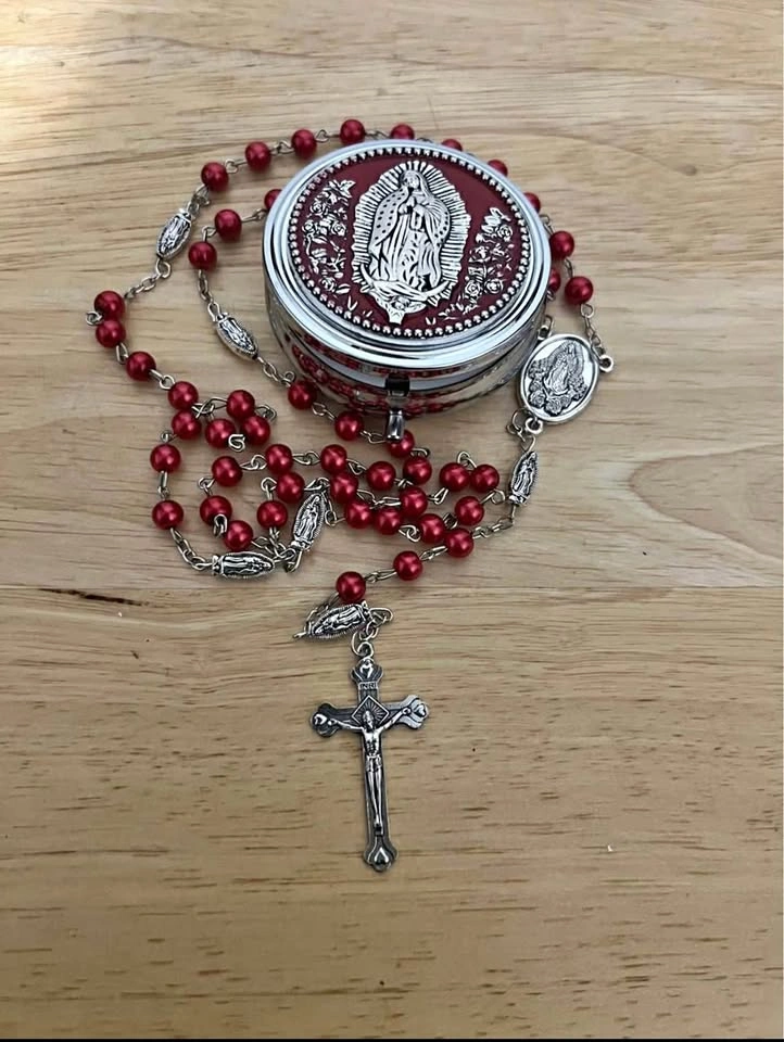 Red Bead Rosary with Our Lady of Guadalupe Case