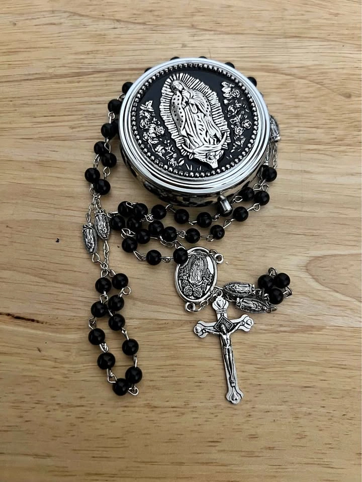 Black Bead Rosary with Our Lady of Guadalupe Case