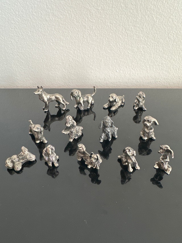 Solid metal vintage miniature dog figurines. Set of 13.