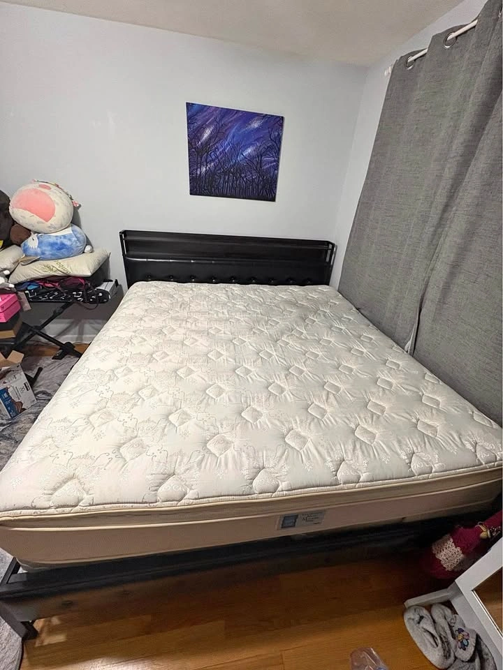 Queen Mattress with Black Metal Bed Frame and Tufted Headboard