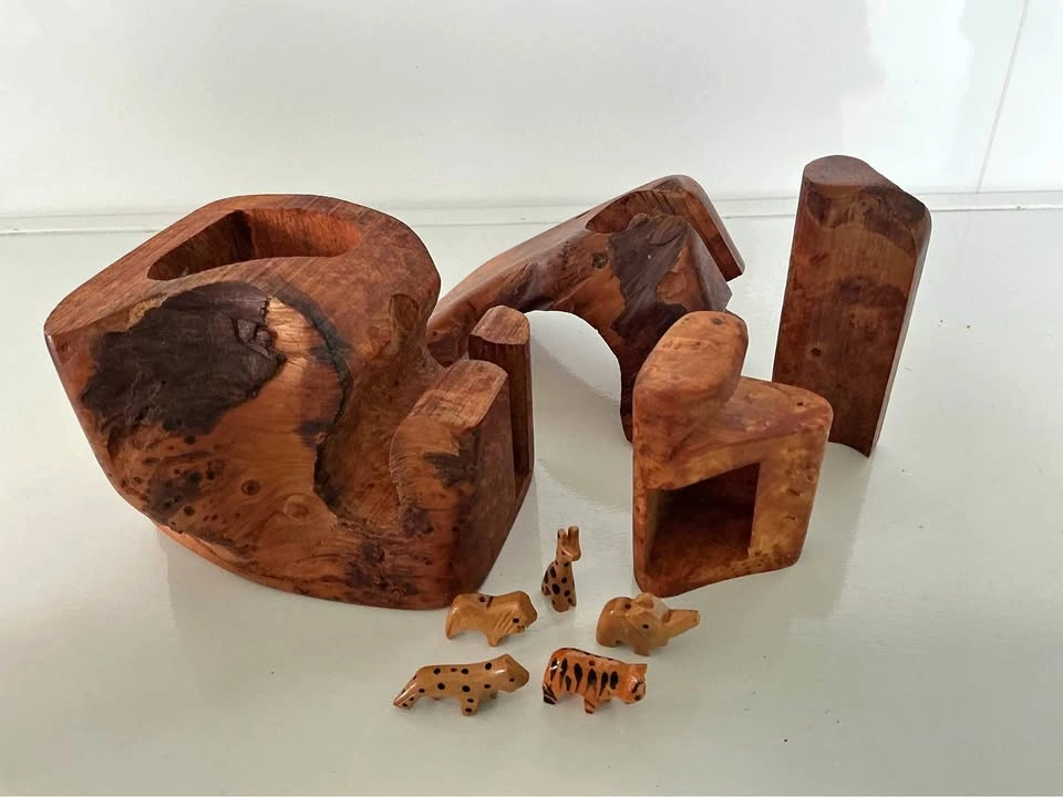 Vintage Carved Burl Wood Puzzle Box Set with Mini Safari Animals