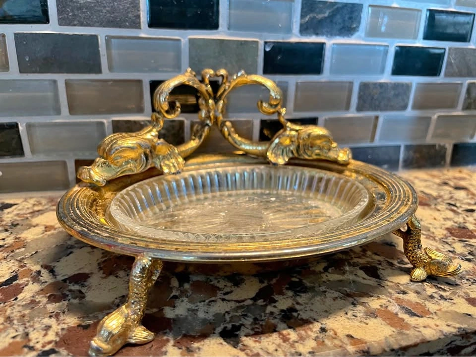 Vintage Gilded Brass Dolphin Soap Dish / Vanity Tray