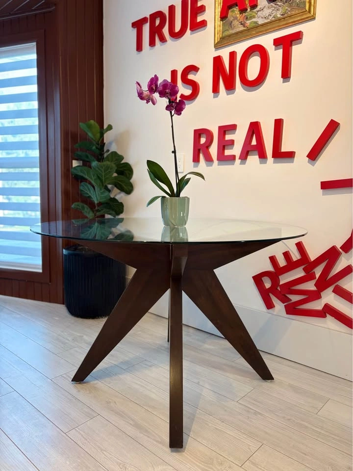 GORGEOUS SOLID WOOD MCM DINING TABLE WITH GLASS TOP!