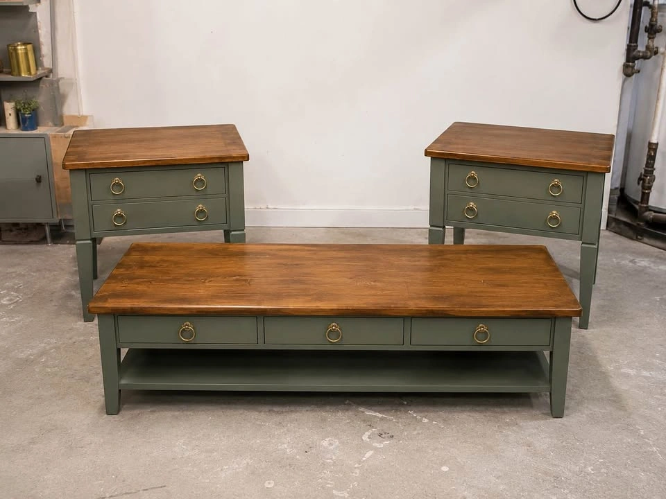 Beautifully Refinished Wooden 3-Piece Coffee & Side Table Set