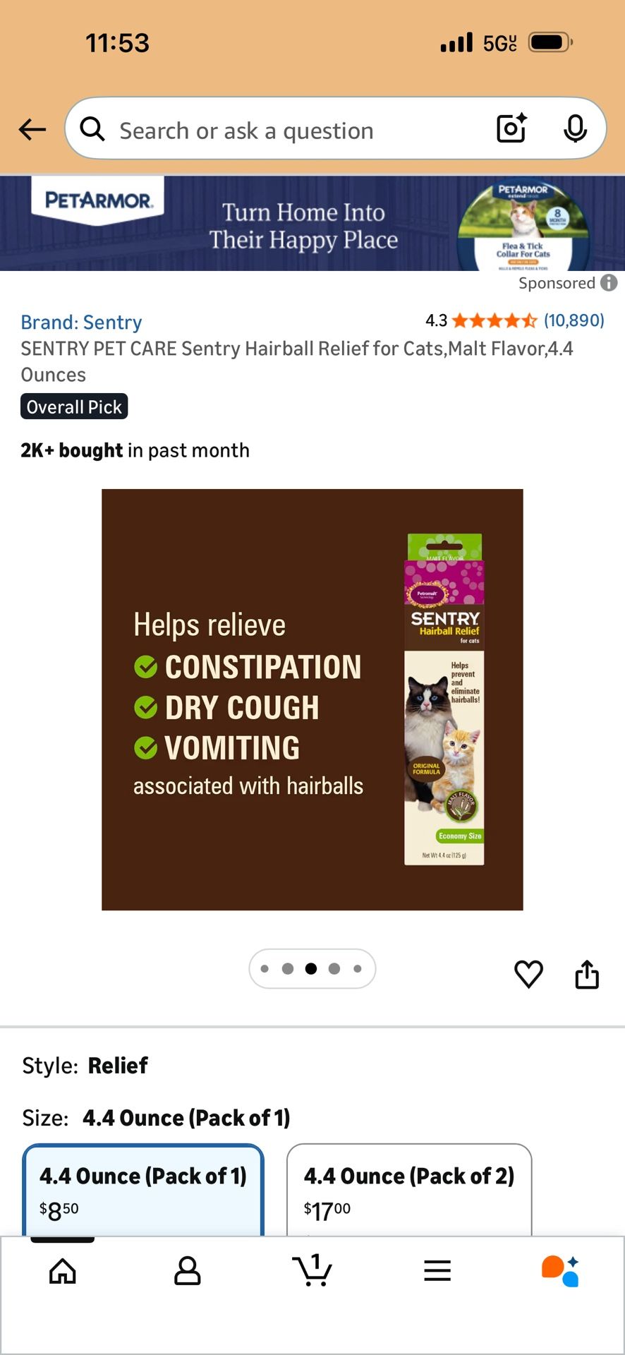 Sentry hairball relief for cats