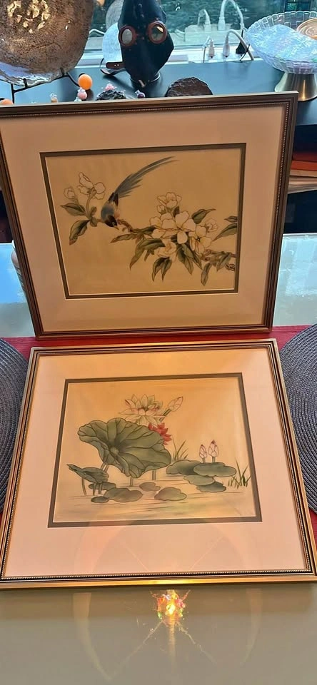 Vintage Chinese hand painted silk art set framed
