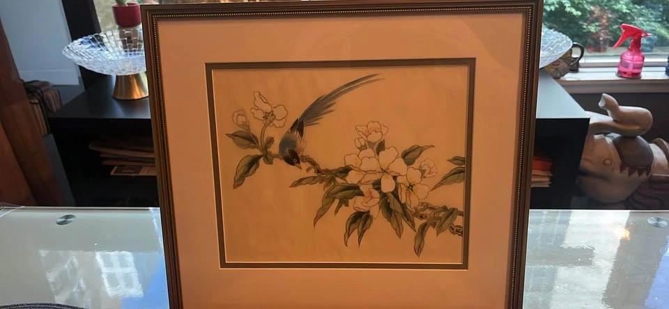 Vintage Chinese hand painted silk art set framed - photo 2