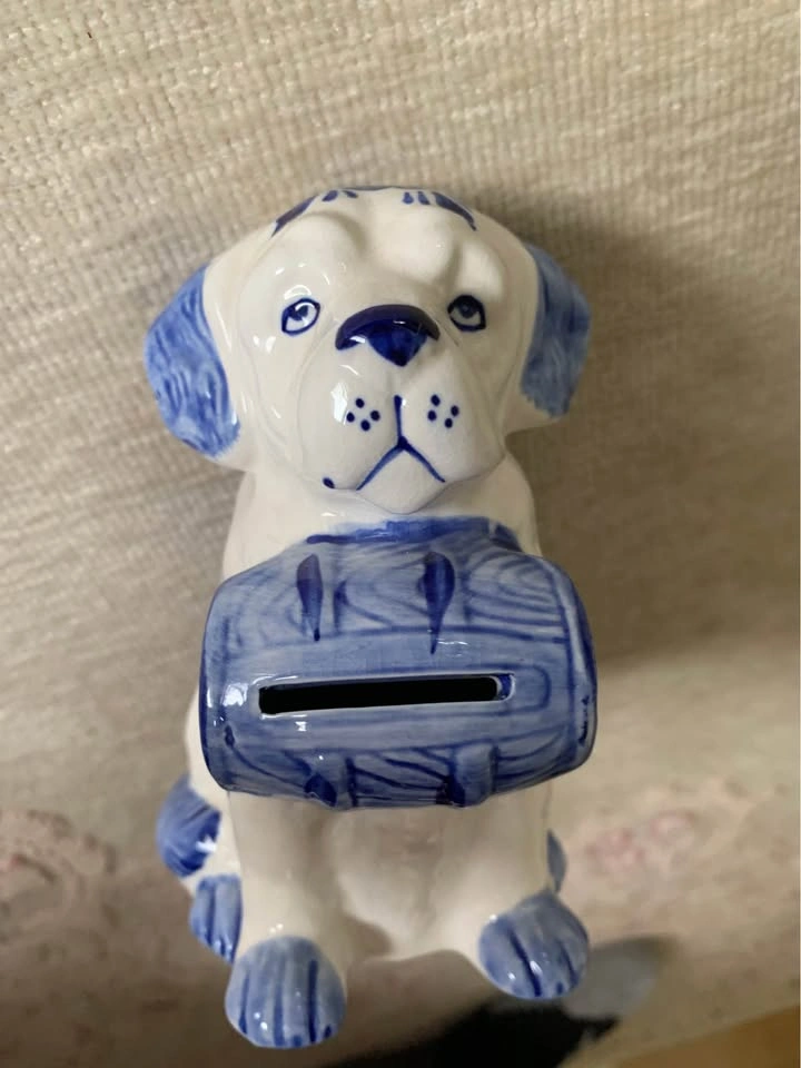 Adorable Vintage Hand Painted Delft Blue Dog Figurine Coin Bank - photo 2