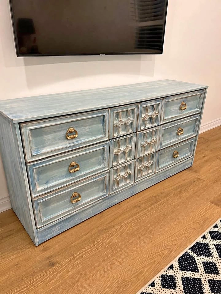 Vintage Distressed Blue Solid Wood Dresser