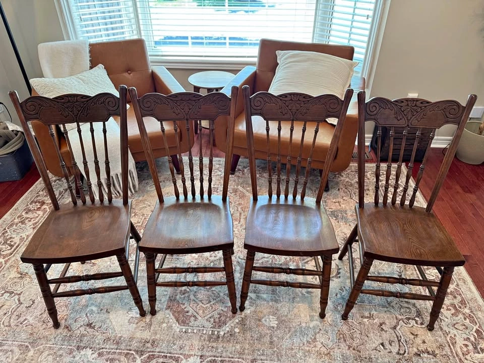 Set of 4 Vintage Pressed Back Oak Dining Chairs