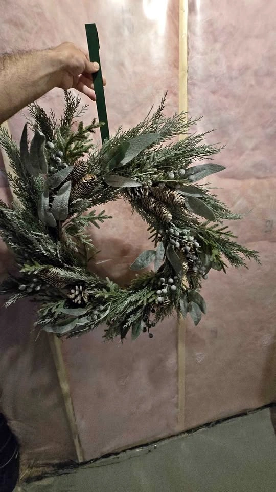 Holiday Wreath and Small Potted Artificial Tree