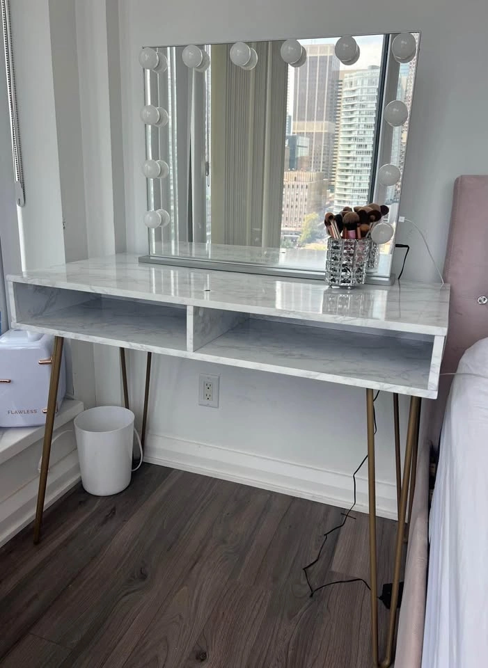 White Marble Writing Desk / Makeup Vanity (Gold Legs)
