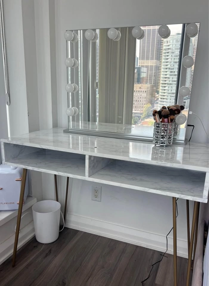 White Marble Writing Desk / Makeup Vanity (Gold Legs) - photo 3