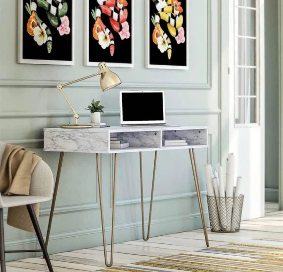 White Marble Writing Desk / Makeup Vanity (Gold Legs) - photo 4