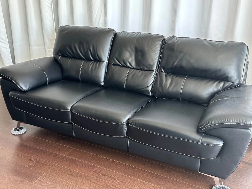 Black Imitation Leather 3-Seat Sofa with Contrast Stitching - photo 3