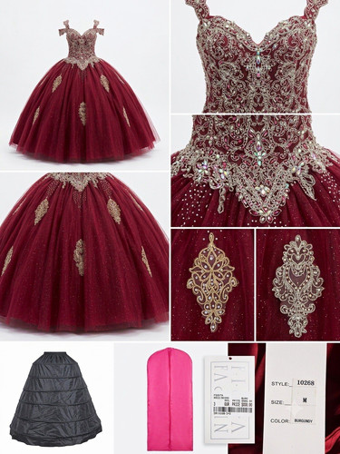 Zobo Burgundy Embellished Tulle Ball Gown Dress Size M