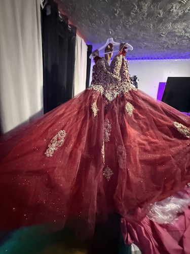 Zobo Burgundy Embellished Tulle Ball Gown Dress Size M - photo 5
