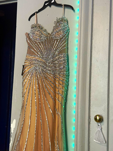 Strapless Sweetheart Nude/Silver Rhinestone Sequin Mermaid Long