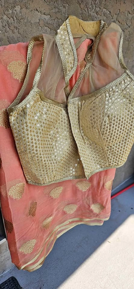 Peach and Gold Sequin Saree Set