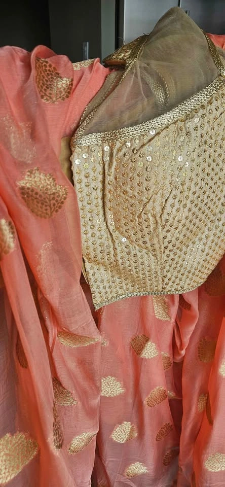 Peach and Gold Sequin Saree Set - photo 2